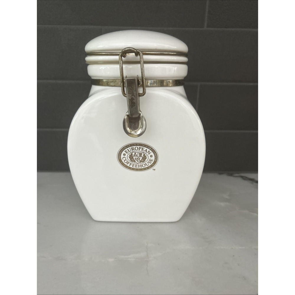 Vintage European Coffeehouse Collection White & Gold Ceramic Canister 8 3/8"